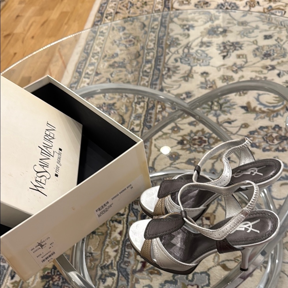 Yves Saint Laurent Silver and Brown Heels with Straps